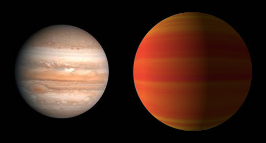 Porovnanie Jupitera a exoplanéty HAT-P-5b (umelecká predstava)