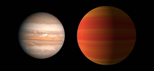 Porovnanie Jupitera a exoplanéty HAT-P-5b (umelecká predstava)